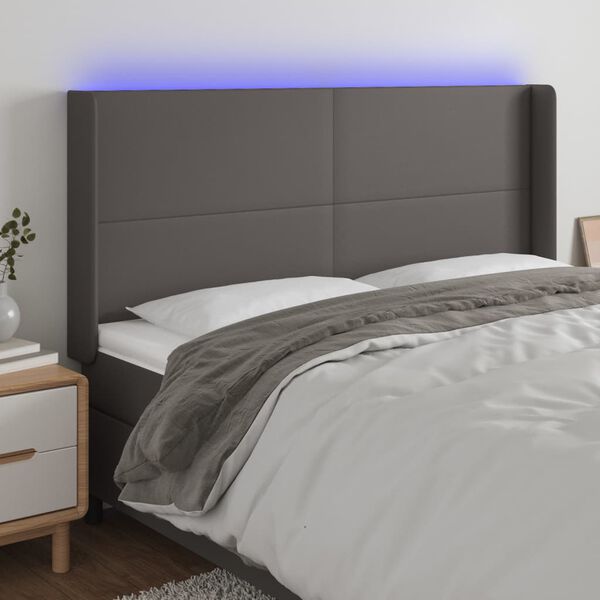 vidaXL Čelo postele s LED &scaron;ed&eacute; 203 x 16 x 118/128 cm uměl&aacute; kůže