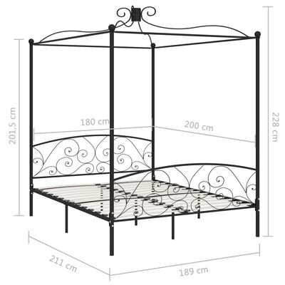 vidaXL Rám postele s nebesy černý kovový 180 x 200 cm