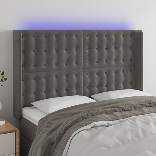 vidaXL Čelo postele s LED tmavě &scaron;ed&eacute; 147 x 16 x 118/128 cm samet