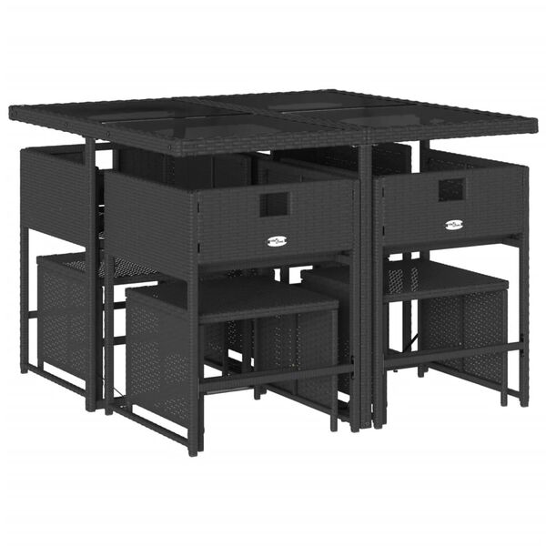 vidaXL 9d&iacute;ln&yacute; zahradn&iacute; j&iacute;deln&iacute; set s podu&scaron;kami čern&yacute; polyratan