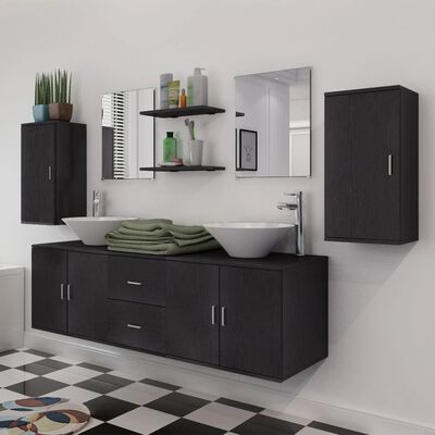 vidaXL 11kusový set koupelnového nábytku s umyvadlem a baterií, černý