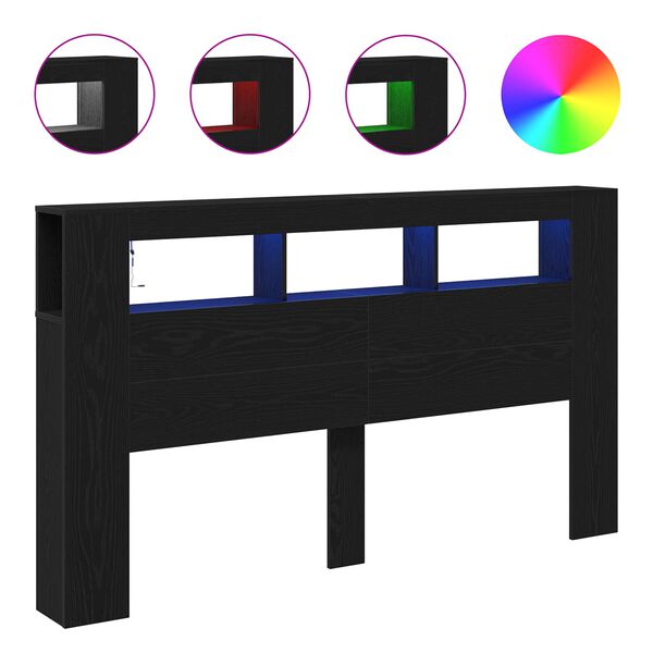 vidaXL LED hlavov&aacute; deska s polic&iacute; Čern&yacute; dub 180 x 18,5 x 103,5 cm
