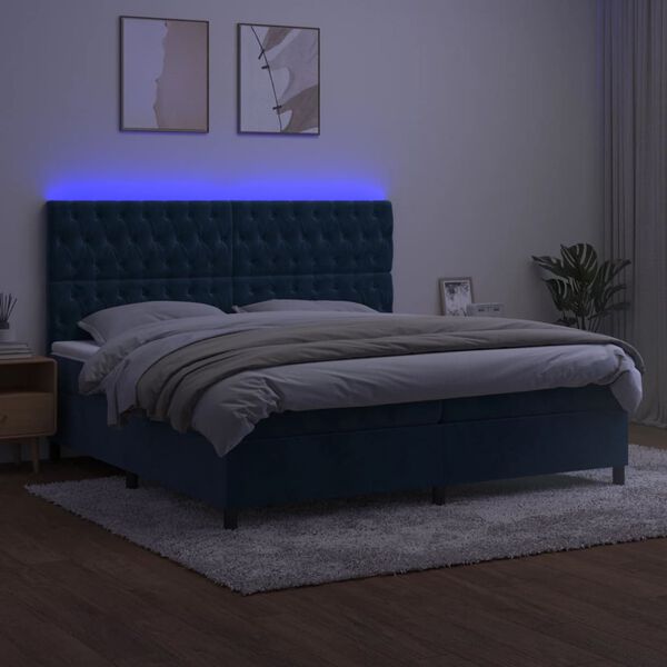 vidaXL Box spring postel s matrac&iacute; a LED tmavě modr&aacute; 200x200 cm samet