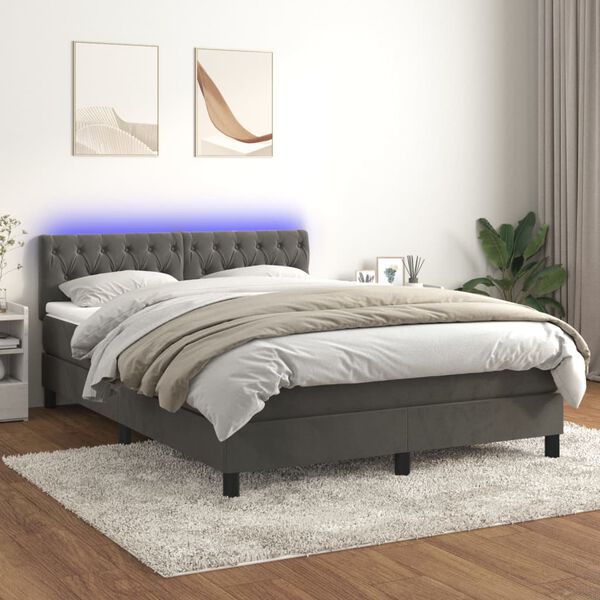vidaXL Box spring postel s matrac&iacute; a LED tmavě &scaron;ed&aacute; 140x190 cm samet