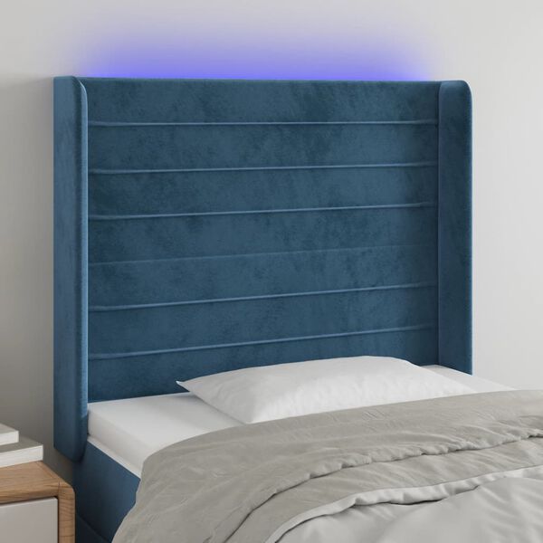 vidaXL Čelo postele s LED tmavě modr&eacute; 103 x 16 x 118/128 cm textil