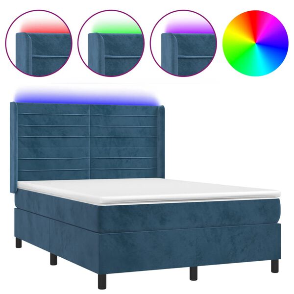 vidaXL Box spring postel s matrac&iacute; a LED tmavě modr&aacute; 140x190 cm samet