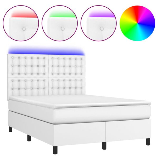 vidaXL Box spring postel s matrac&iacute; a LED b&iacute;l&aacute; 140x190 cm uměl&aacute; kůže