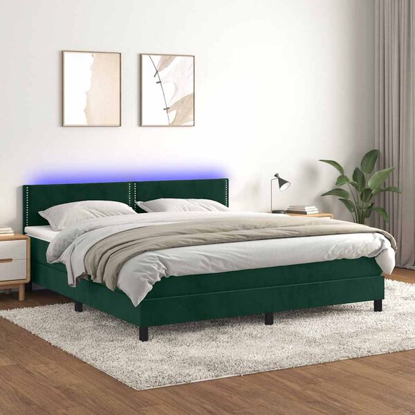 vidaXL Box spring postel s matrac&iacute; a LED tmavě zelen&aacute; 180x200 cm samet