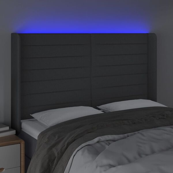 vidaXL Čelo postele s LED tmavě &scaron;ed&eacute; 147 x 16 x 118/128 cm textil