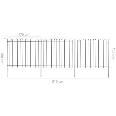 vidaXL Zahradní plot s obloučky ocelový 5,1 x 1,5 m černý