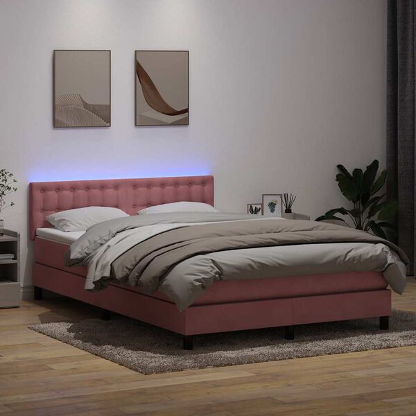 vidaXL Box spring postel s matrac&iacute; a LED růžov&aacute; 160x220 cm samet