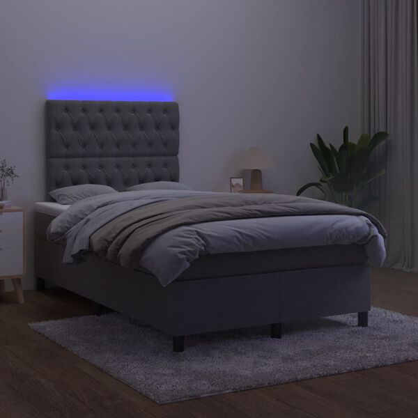 vidaXL Box spring postel s matrac&iacute; a LED tmavě &scaron;ed&aacute; 120 x 190 cm samet