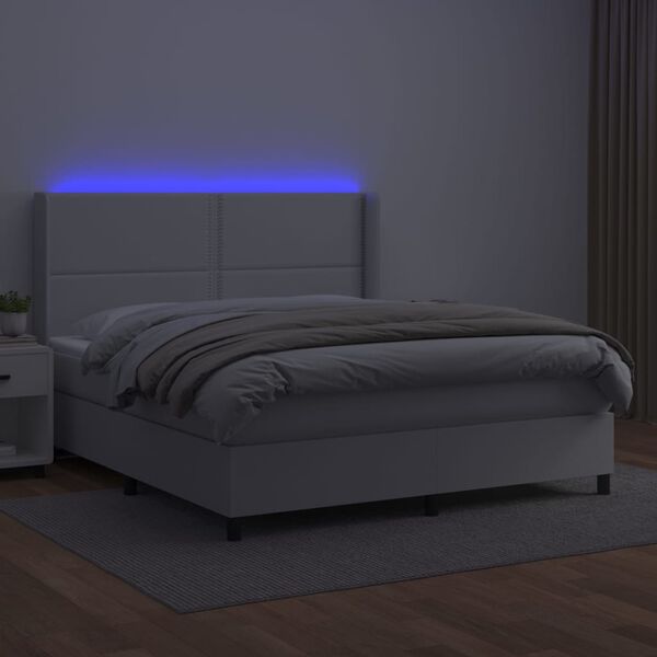 vidaXL Box spring postel s matrac&iacute; a LED b&iacute;l&aacute; 180x200 cm uměl&aacute; kůže