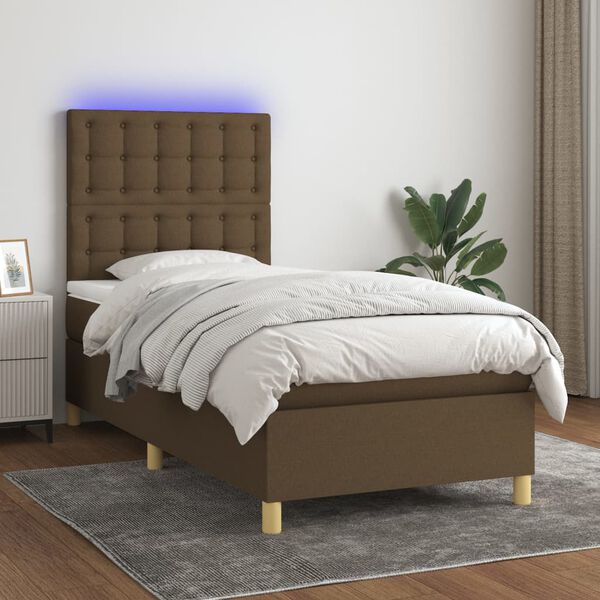 vidaXL Box spring postel s matrac&iacute; a LED tmavě hněd&aacute; 90x200 cm textil