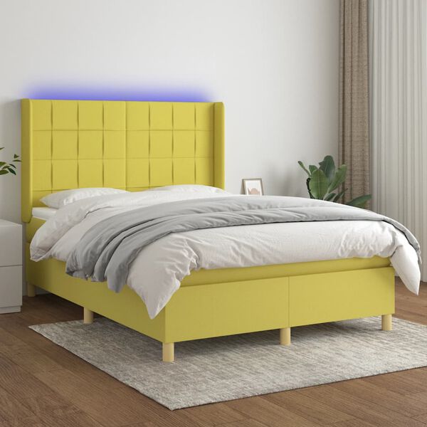 vidaXL Box spring postel s matrac&iacute; a LED zelen&aacute; 140x190 cm textil