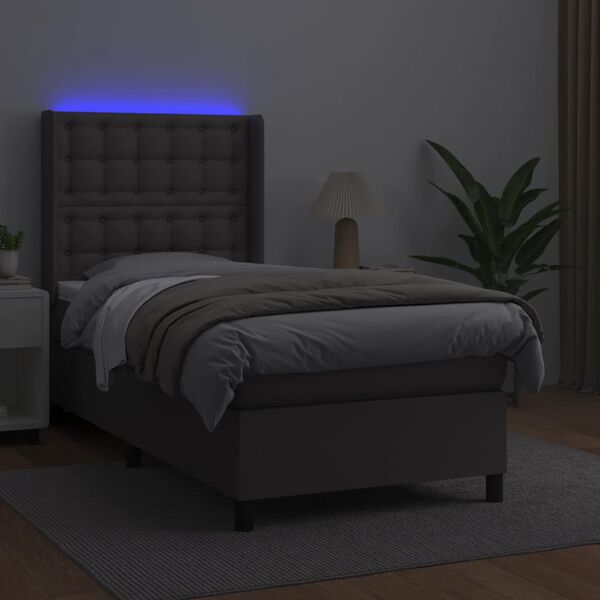 vidaXL Box spring postel s matrací a LED šedá 90x190 cm umělá kůže