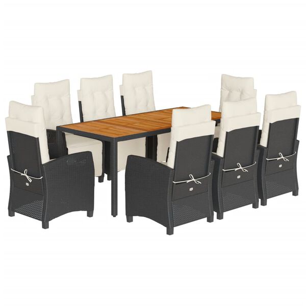 vidaXL 9d&iacute;ln&yacute; zahradn&iacute; j&iacute;deln&iacute; set s podu&scaron;kami čern&yacute; polyratan