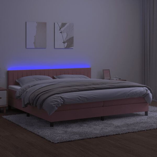 vidaXL Box spring postel s matrac&iacute; a LED růžov&aacute; 200x200 cm samet