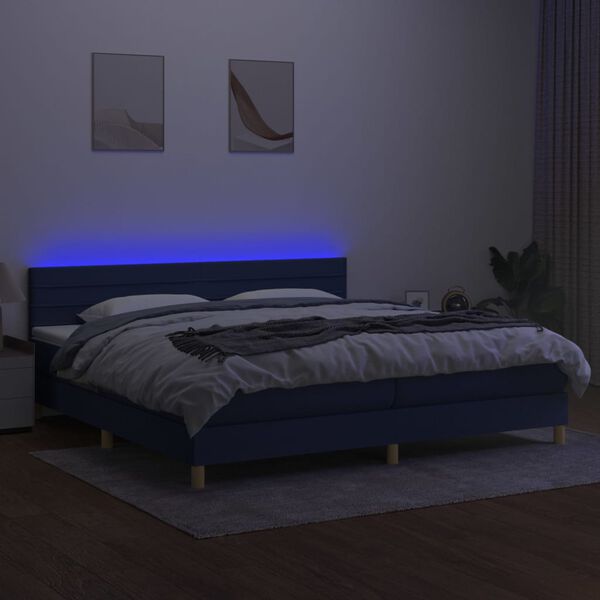 vidaXL Box spring postel s matrac&iacute; a LED modr&aacute; 200x200 cm textil