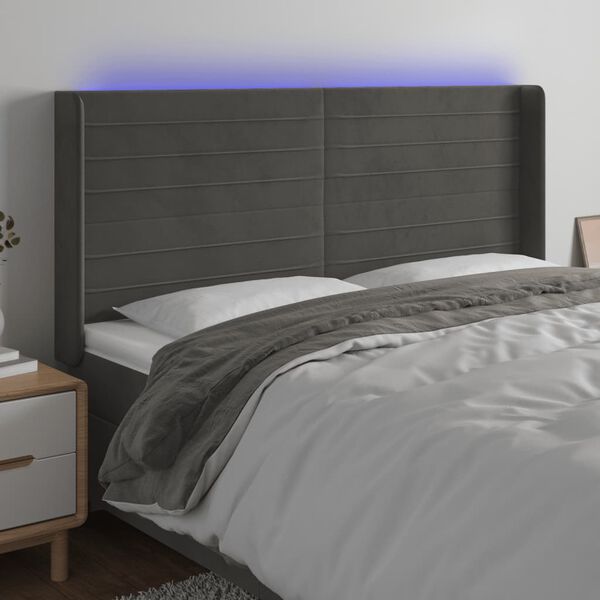 vidaXL Čelo postele s LED tmavě &scaron;ed&eacute; 163 x 16 x 118/128 cm samet