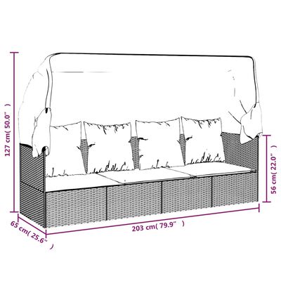 vidaXL Zahradní pohovka se střechou a polštáři černá polyratan