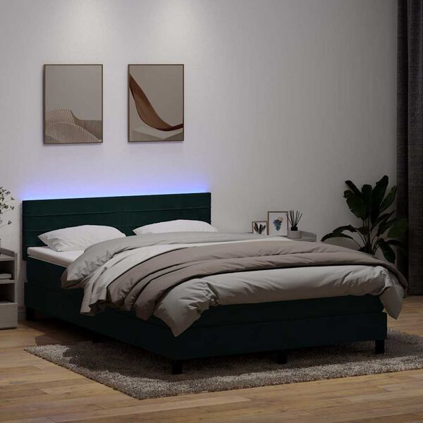 vidaXL Box spring postel s matrac&iacute; a LED tmavě zelen&aacute; 140x210 cm samet