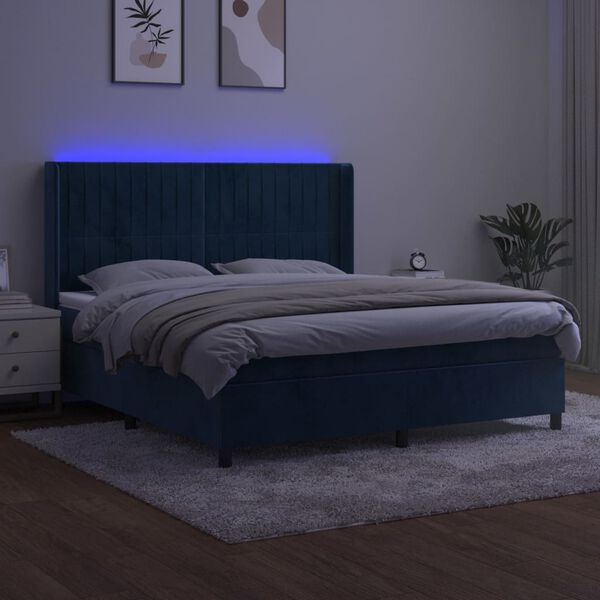 vidaXL Box spring postel s matrac&iacute; a LED tmavě modr&aacute; 160x200 cm samet