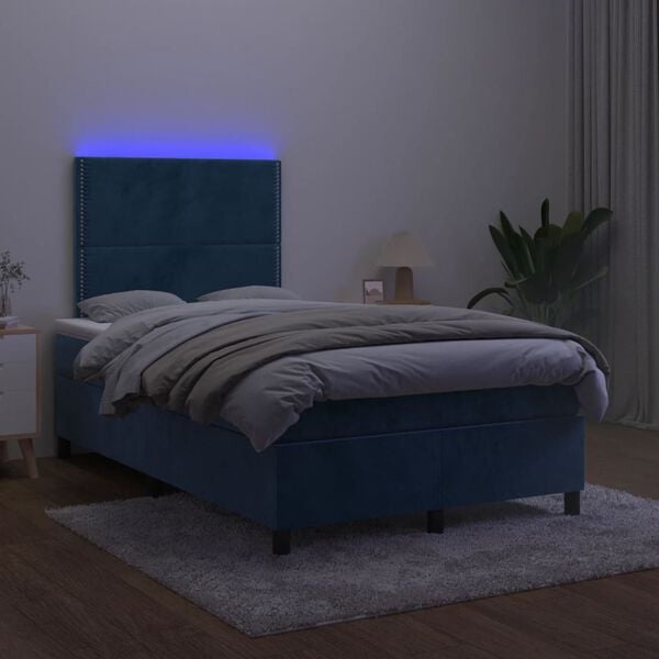 vidaXL Box spring postel s matrac&iacute; a LED tmavě modr&aacute; 120x190 cm samet