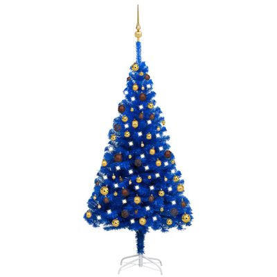 vidaXL Umělý vánoční stromek s LED a sadou koulí modrý 150 cm PVC