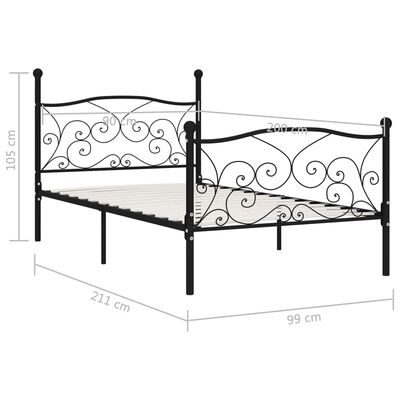 vidaXL Rám postele s laťkovým roštem černý kov 90 x 200 cm