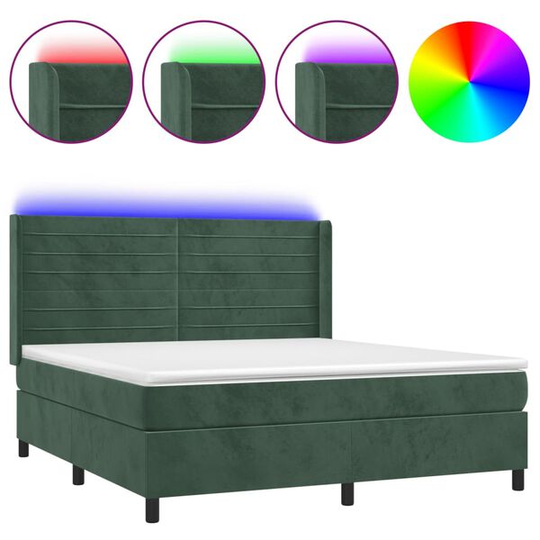 vidaXL Box spring postel s matrací a LED tmavě zelená 180x200 cm samet