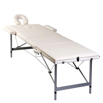 Krémově bílý skládací masážní stůl se 3 zónami a hliníkovým rámem