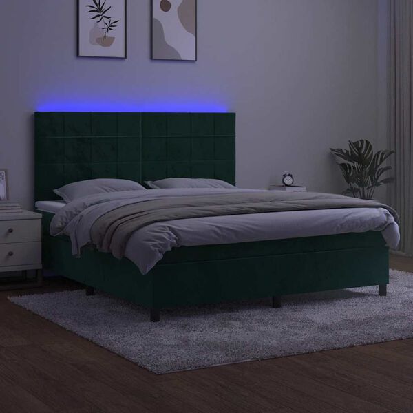 vidaXL Box spring postel s matrac&iacute; a LED tmavě zelen&aacute; 160x200 cm samet