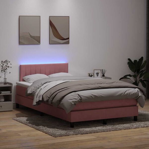 vidaXL Box spring postel s matrac&iacute; a LED růžov&aacute; 120x220 cm samet