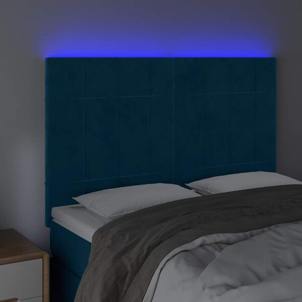 vidaXL Čelo postele s LED tmavě modr&eacute; 144x5x118/128 cm samet