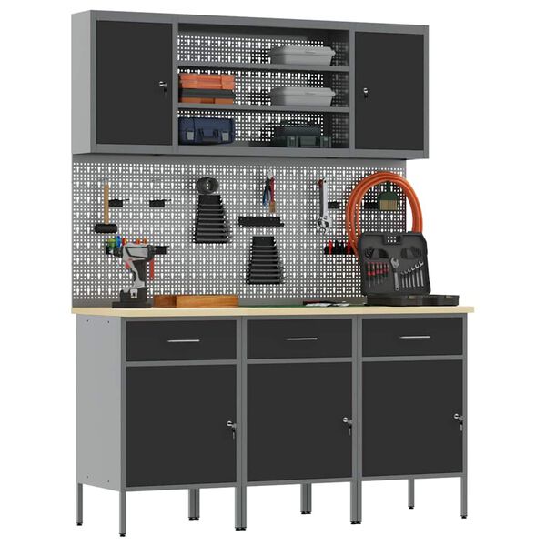 vidaXL Pracovn&iacute; skř&iacute;ň se z&aacute;suvkou 7 pcs Čern&aacute; Inžen&yacute;rsk&eacute; dřevo a ocel