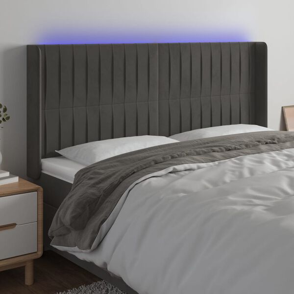 vidaXL Čelo postele s LED tmavě &scaron;ed&eacute; 203 x 16 x 118/128 cm samet