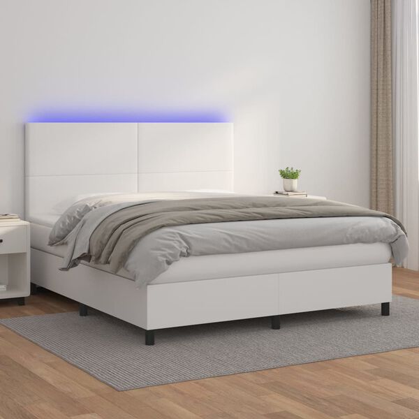 vidaXL Box spring postel s matrac&iacute; a LED b&iacute;l&aacute; 160x200 cm uměl&aacute; kůže