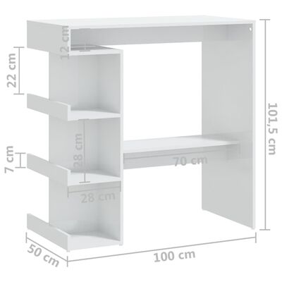 vidaXL Barový stůl s úložným regálem bílý vysoký lesk 100x50x101,5 cm