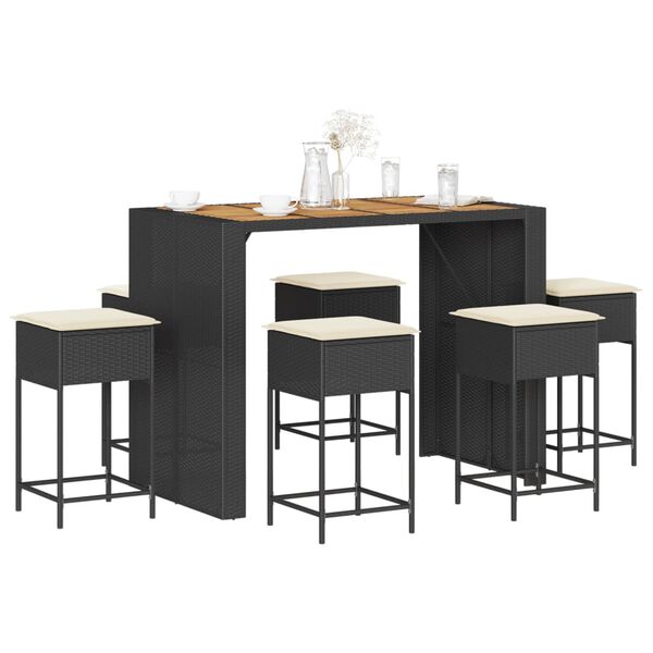 vidaXL 7d&iacute;ln&yacute; zahradn&iacute; barov&yacute; set s podu&scaron;kami čern&yacute; polyratan