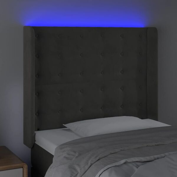 vidaXL Čelo postele s LED tmavě &scaron;ed&eacute; 103 x 16 x 118/128 cm samet