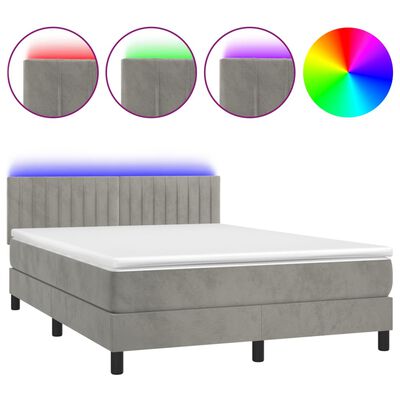 vidaXL Box spring postel s matrací a LED světle šedá 140x200 cm samet