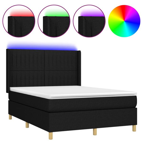 vidaXL Box spring postel s matrac&iacute; a LED čern&aacute; 140x190 cm textil
