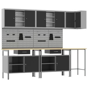 vidaXL Sada pracovn&iacute; skř&iacute;ně se z&aacute;suvkou s polic&iacute; 10 pcs Čern&aacute; a &scaron;ed&aacute;