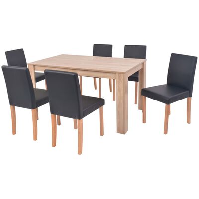 vidaXL 7dílná sada jídelního stolu a židlí, umělá kůže a dub, černá