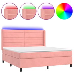 vidaXL Box spring postel s matrac&iacute; a LED růžov&aacute; 180x200 cm samet