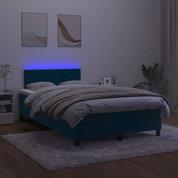 vidaXL Box spring postel s matrac&iacute; a LED tmavě modr&aacute; 120x200 cm samet