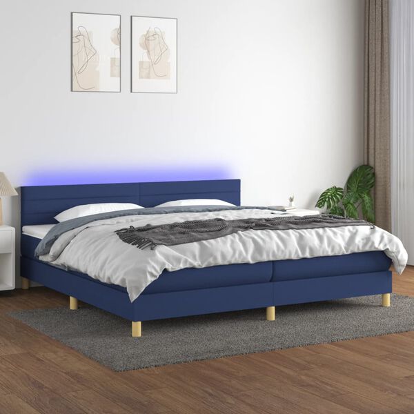 vidaXL Box spring postel s matrac&iacute; a LED modr&aacute; 200x200 cm textil