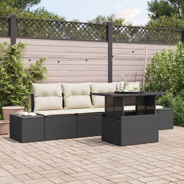 vidaXL Sada zahradn&iacute;ch pohovek s pol&scaron;t&aacute;řem 5 pcs Čern&aacute; a kr&eacute;mov&aacute;