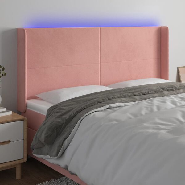 vidaXL Čelo postele s LED růžov&eacute; 163 x 16 x 118/128 cm samet